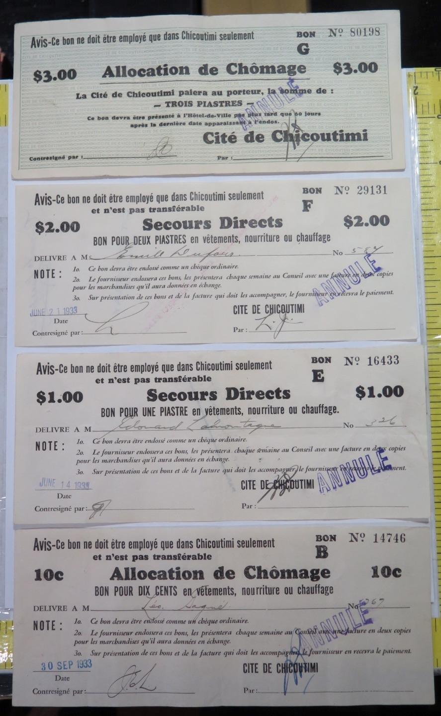Canada Allocation De Chomage Cite De Chicoutimi $3 $2 $1 10c Coupons Script🌈⭐🌈
