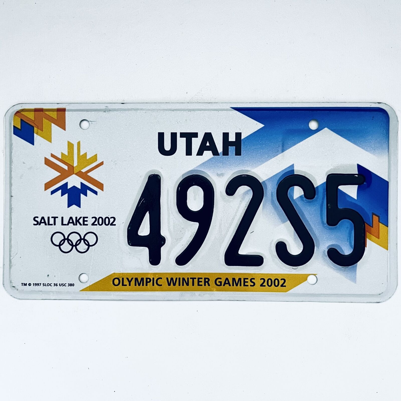 2002 United States Utah Olympic Winter Games Passenger License Plate 492s5