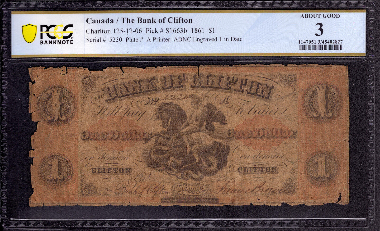 1861 $1 Bank Of Clifton Canada C-125-12-06 Pick S1663b Pcgs B About Good Ag 3