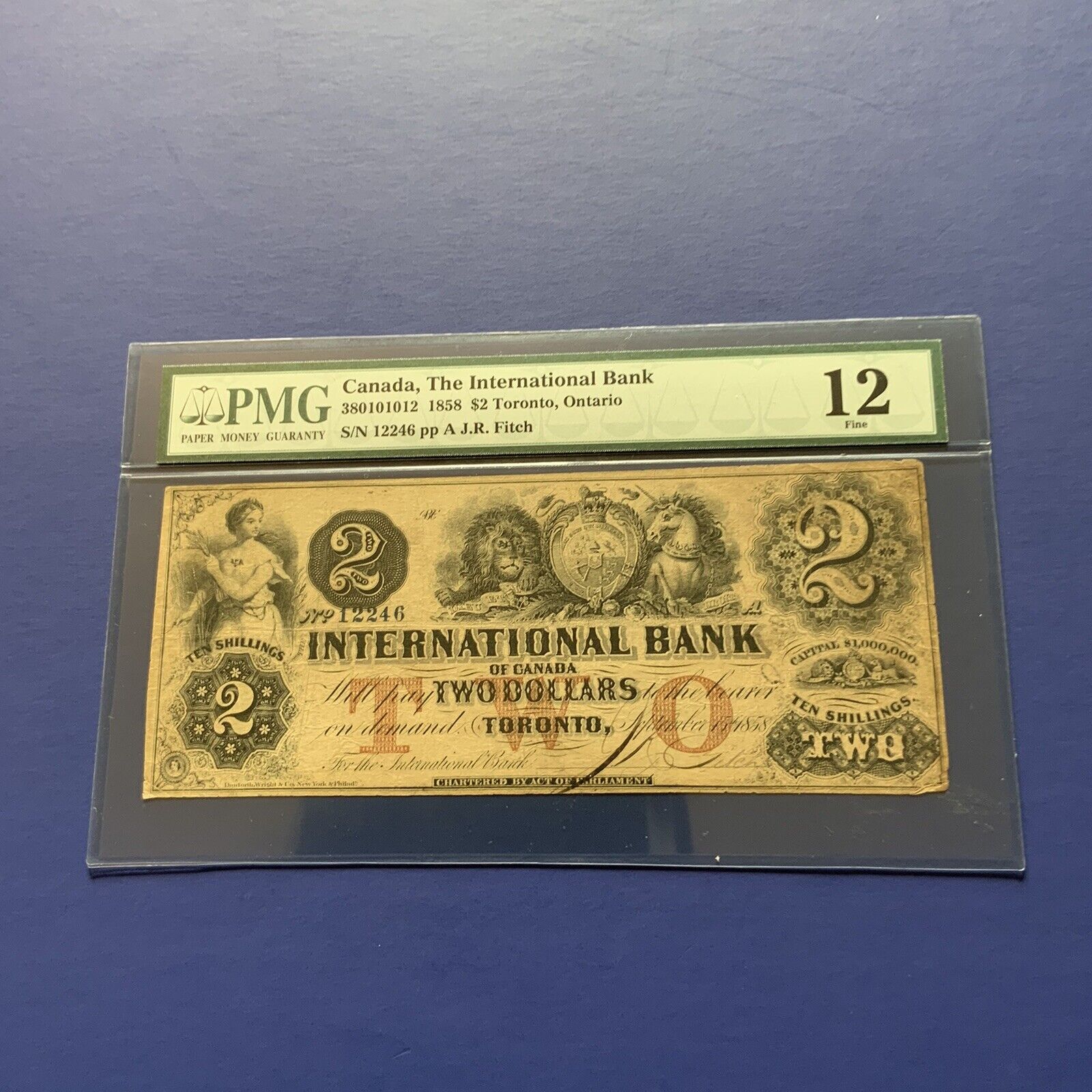 1858 Canada $2 Obolete Currrency The International Bank,toronto Pmg 12